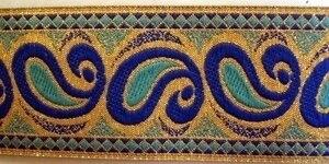 Paisley Metallic Jacquard Ribbon Trim Gold Blue 1.5  For Cheap