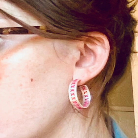 Whispering Threads - Pink Embroidered Silver Hoop Earring For Discount