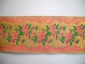 Pink Roses with Metallic Gold Jacquard Ribbon Trim By The Yard Sale