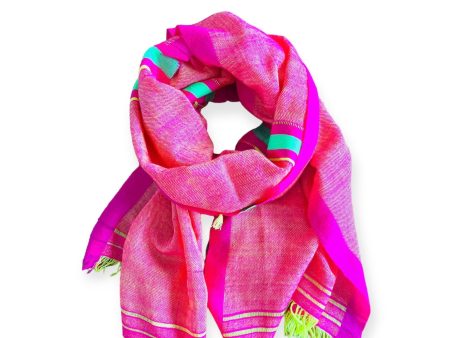 Vibrant Orange Pink with Bold Lime Green Linework - Pashmina Cashmere Scarf on Sale