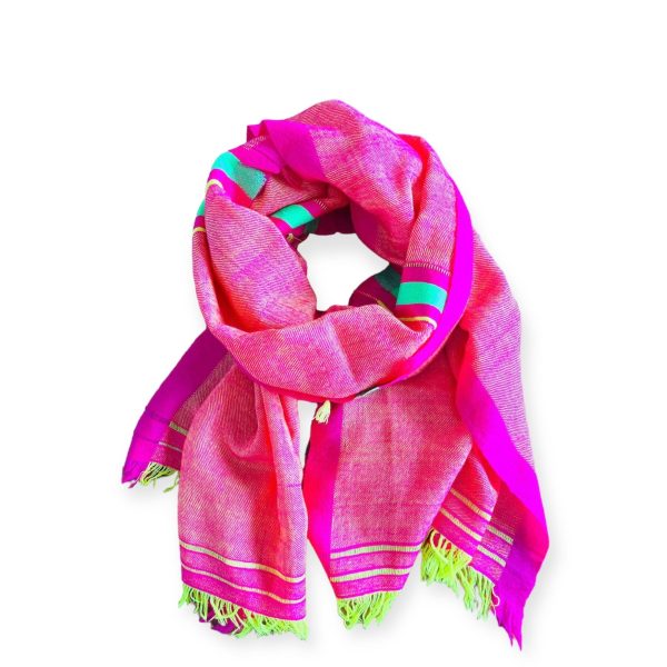 Vibrant Orange Pink with Bold Lime Green Linework - Pashmina Cashmere Scarf on Sale