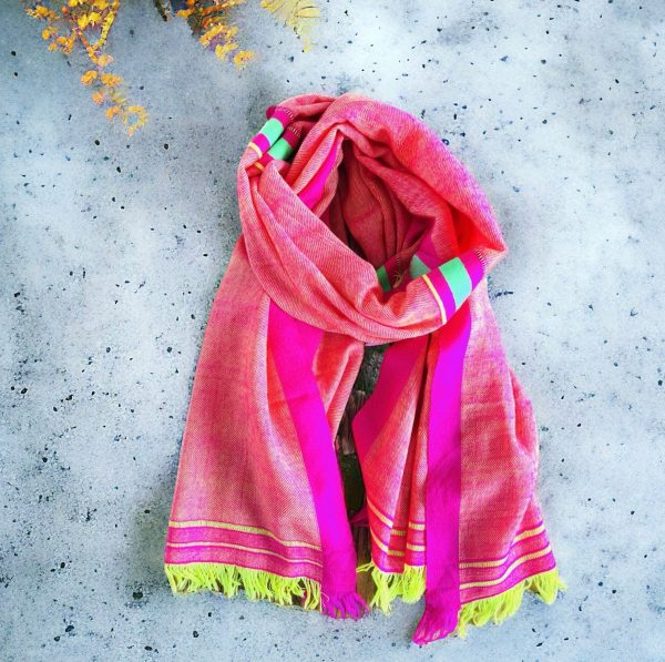 Vibrant Orange Pink with Bold Lime Green Linework - Pashmina Cashmere Scarf on Sale