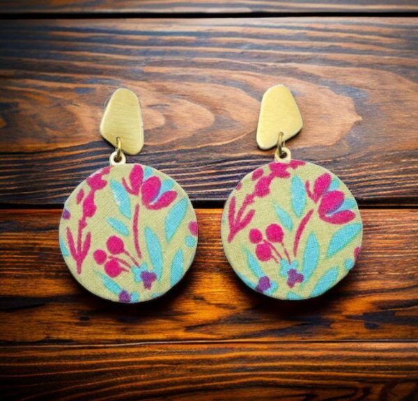 Printed Fabric Disc Dangle Gold Earrings Discount