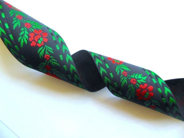 Red Floral Woven Ribbon w Green Leaves 1.5  BTY For Discount