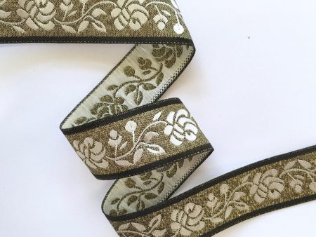 1  White Flowers on Gold Metallic Ground Jacquard Ribbon Trim BTY For Discount