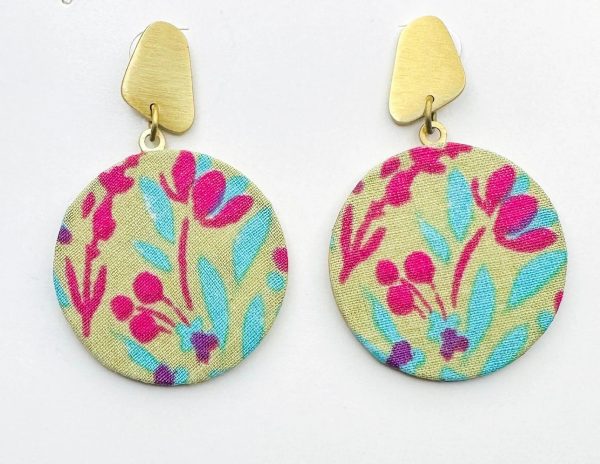 Printed Fabric Disc Dangle Gold Earrings Discount