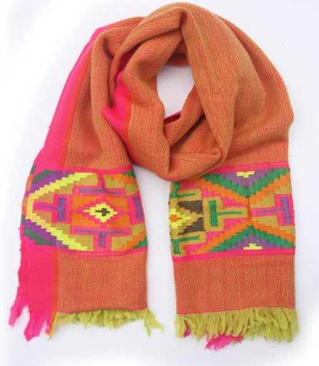 Vibrant Orange & Pink with Block Textile HandLoom Woven - Yak Wool Scarf Online Sale