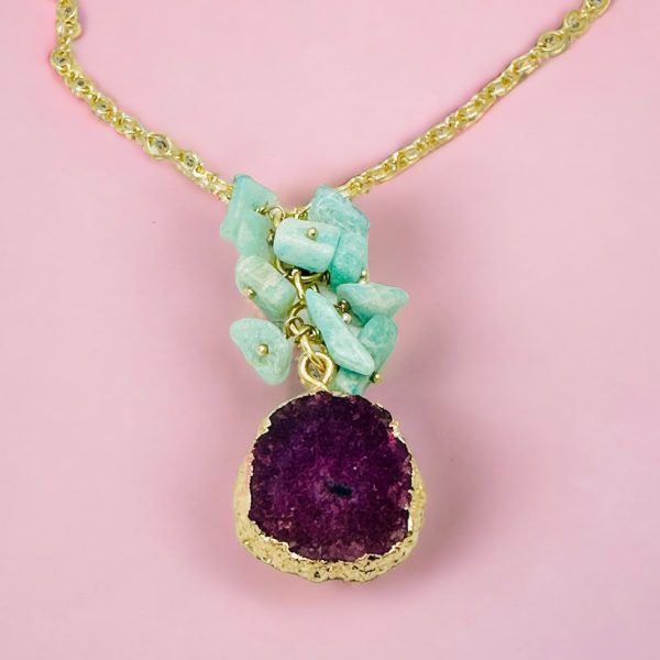 Pink Solar Quartz & Jade Green Stone Pendant Necklace - 18K Gold Plated For Sale