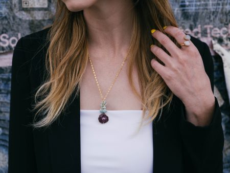 Pink Solar Quartz & Jade Green Stone Pendant Necklace - 18K Gold Plated For Sale