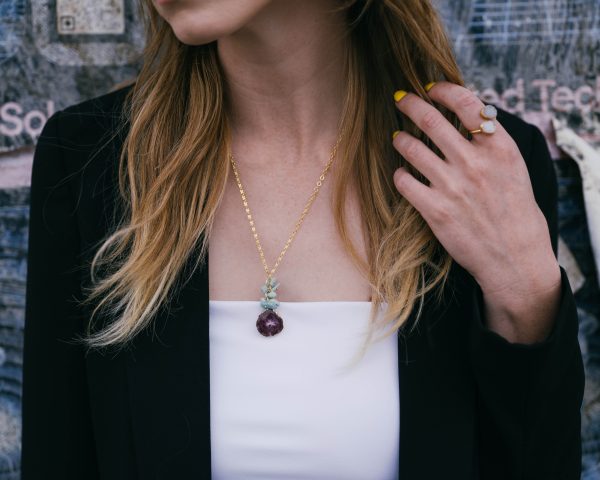 Pink Solar Quartz & Jade Green Stone Pendant Necklace - 18K Gold Plated For Sale