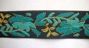 Turquoise and Blue Flowers on Navy Jacquard Band 1.5  By The Yard For Sale