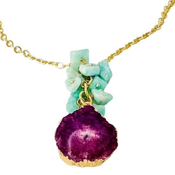 Pink Solar Quartz & Jade Green Stone Pendant Necklace - 18K Gold Plated For Sale