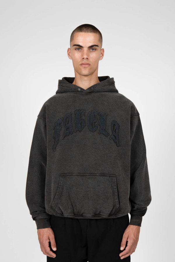 OLD ENGLISH BLACK WASHED SNAP BUTTON HOODIE Cheap