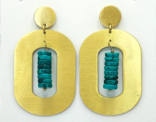 Ringing Turquoise Stone with Modern Gold Dangling Earrings Cheap