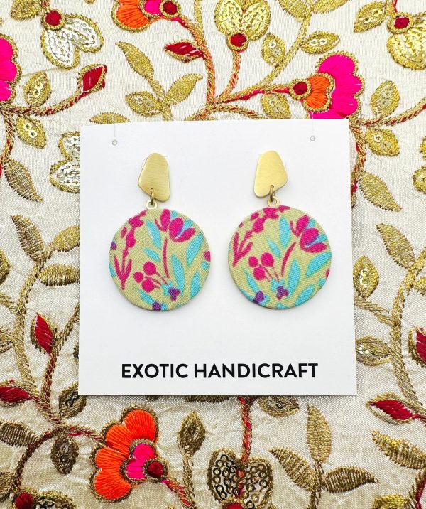 Printed Fabric Disc Dangle Gold Earrings Discount