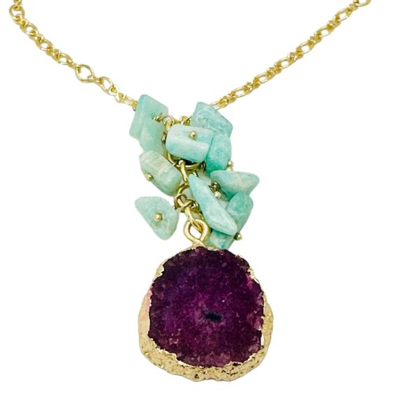 Pink Solar Quartz & Jade Green Stone Pendant Necklace - 18K Gold Plated For Sale